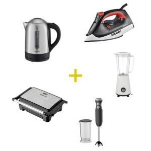 Conjunto Inovia Jarro Eléctrico 1,7L 2200W + Varinha Mágica 400W + Ferro de Engomar a Vapor + Tostadeira + Liquidificador 1L 350W | INV-CH-HHB1711 + INV-LQ-LB2114A + INV-SW-KY2202 + INV-FE-KY588 + INV-LQ-LB6003B